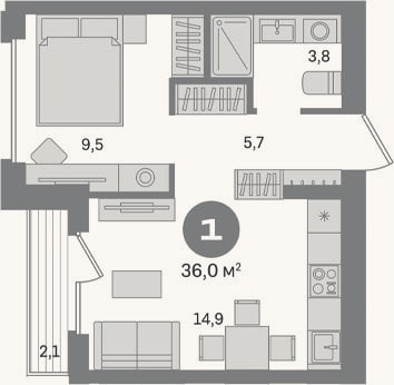 Планировка: 1-к, 33,9 м²