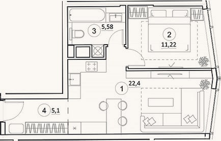 Планировка: 2-к, 44,2 м²