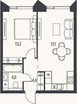 Планировка: 2-к, 42,7 м²