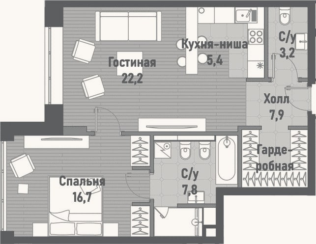 Планировка: 2-к, 63,2 м²