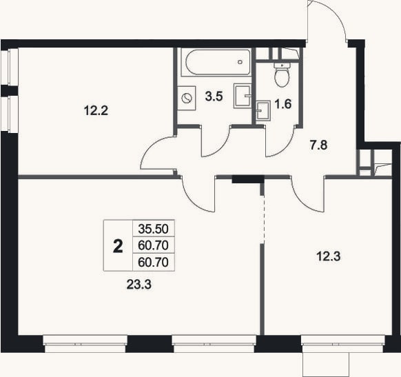 Планировка: 2-к, 60,7 м²