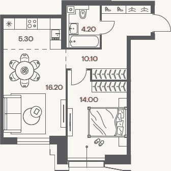 Планировка: 2-к, 49,8 м²
