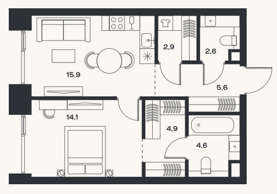 Планировка: 2-к, 50,6 м²