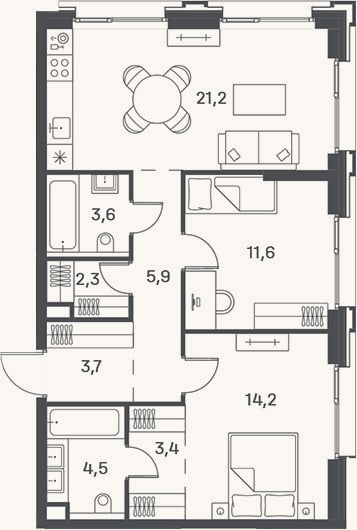 Планировка: 3-к, 70,4 м²