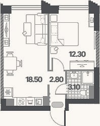 Планировка: 2-к, 36,7 м²
