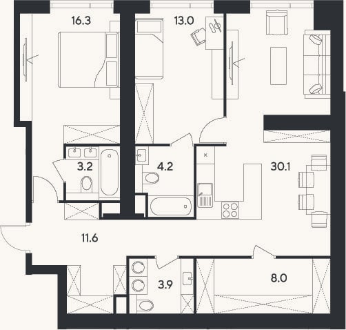 Планировка: 3-к, 90,3 м²
