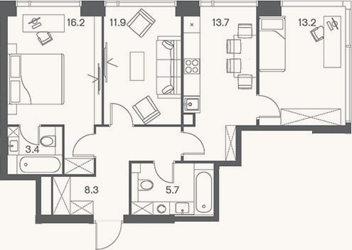 Планировка: 3-к, 72,4 м²