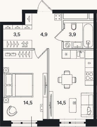 Планировка: 1-к, 41,3 м²
