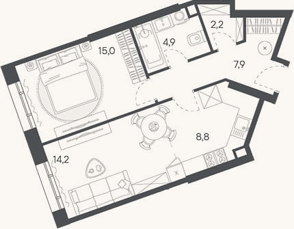 Планировка: 2-к, 53 м²