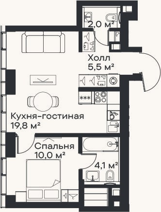 Планировка: 2-к, 41,4 м²