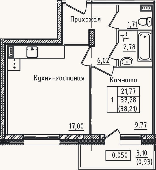 Планировка: 2-к, 37,3 м²