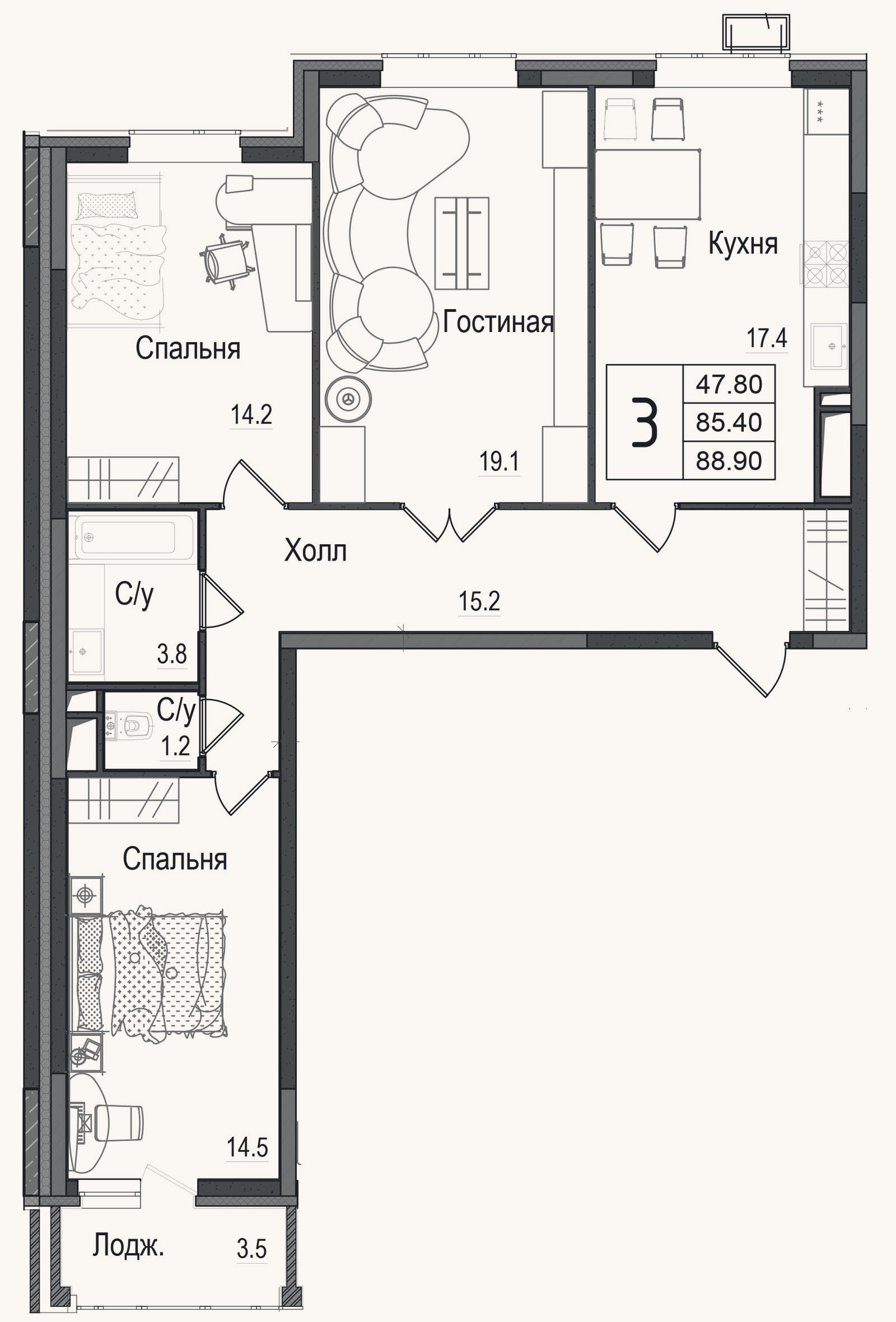 Планировка: 3-к, 85,4 м²