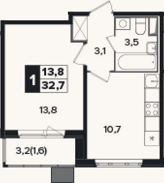 Планировка: 1-к, 31,1 м²