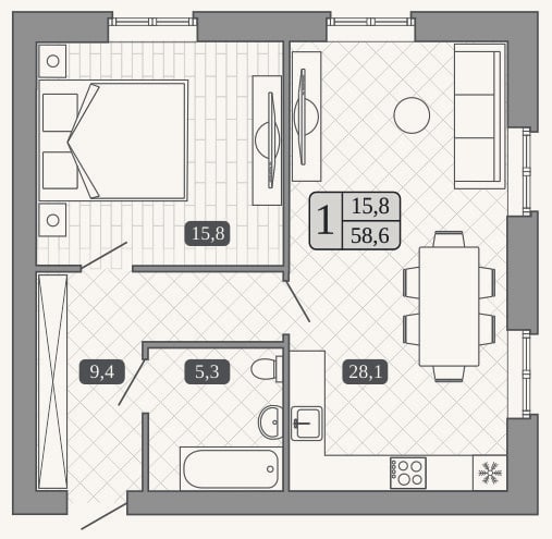 Планировка: 2-к, 58,6 м²