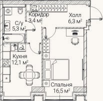 Планировка: 1-к, 43,6 м²