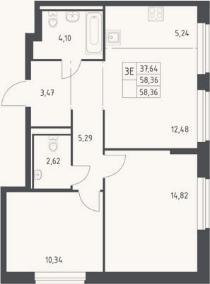 Планировка: 3-к, 58,4 м²