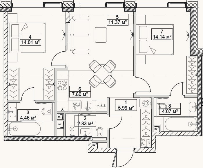 Планировка: 3-к, 64,7 м²