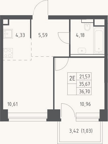 Планировка: 2-к, 35,7 м²