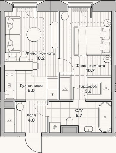 Планировка: 2-к, 39,2 м²