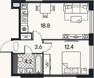Планировка: 2-к, 39 м²