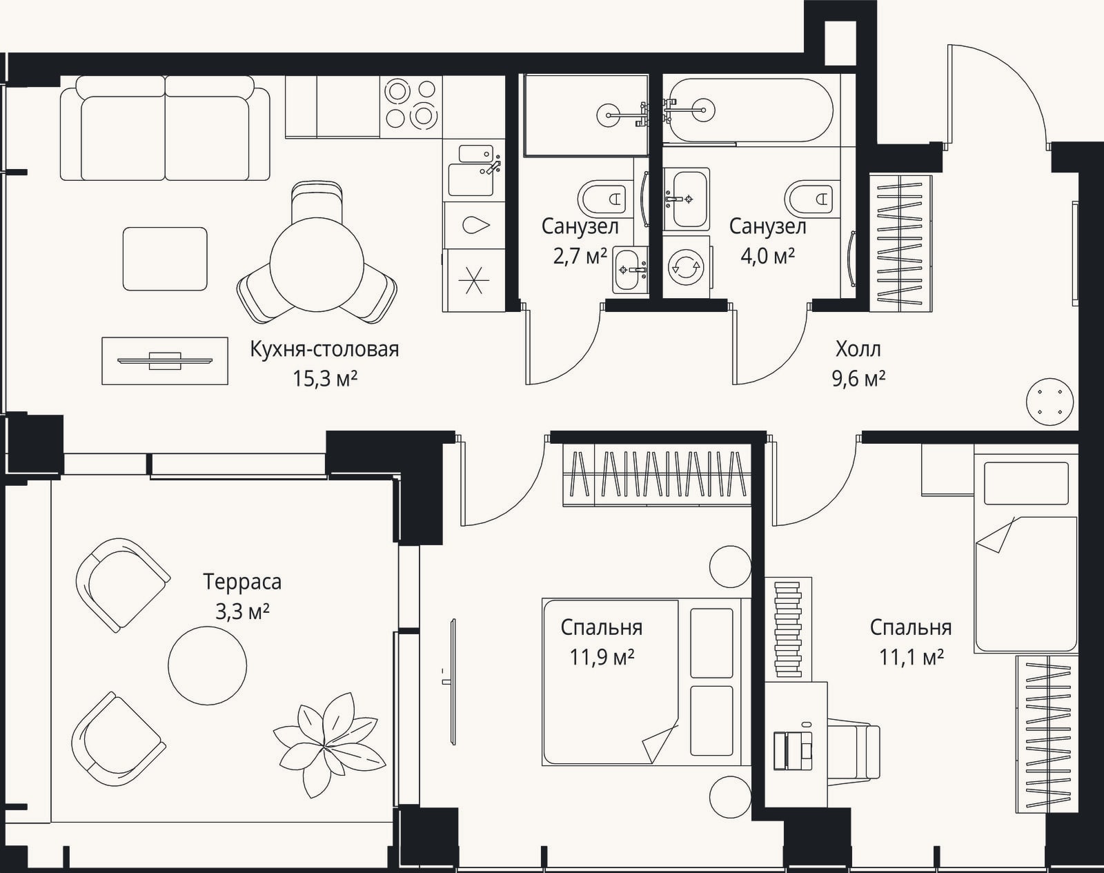 Планировка: 2-к, 54,6 м²