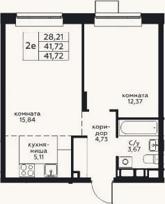 Планировка: 2-к, 41,7 м²