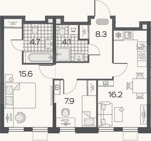 Планировка: 3-к, 56,8 м²