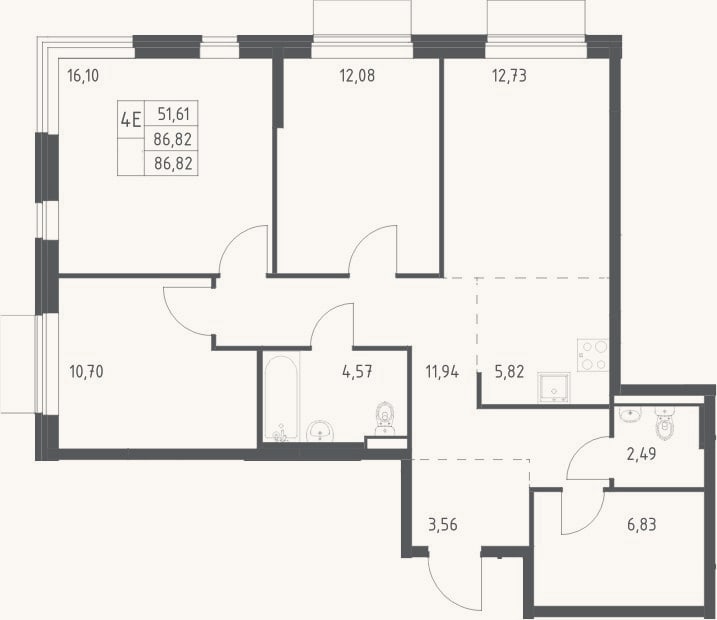 Планировка: 4+ к, 86,8 м²