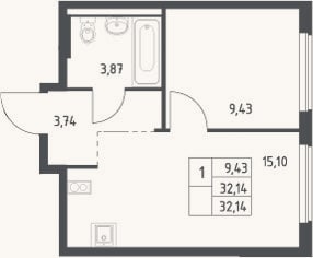Планировка: 1-к, 32,1 м²