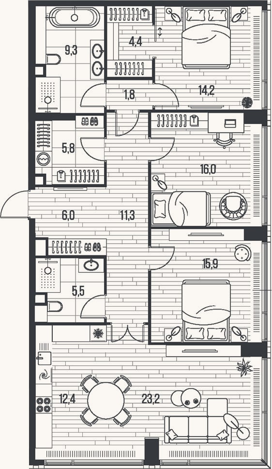 Планировка: 4+ к, 125,8 м²