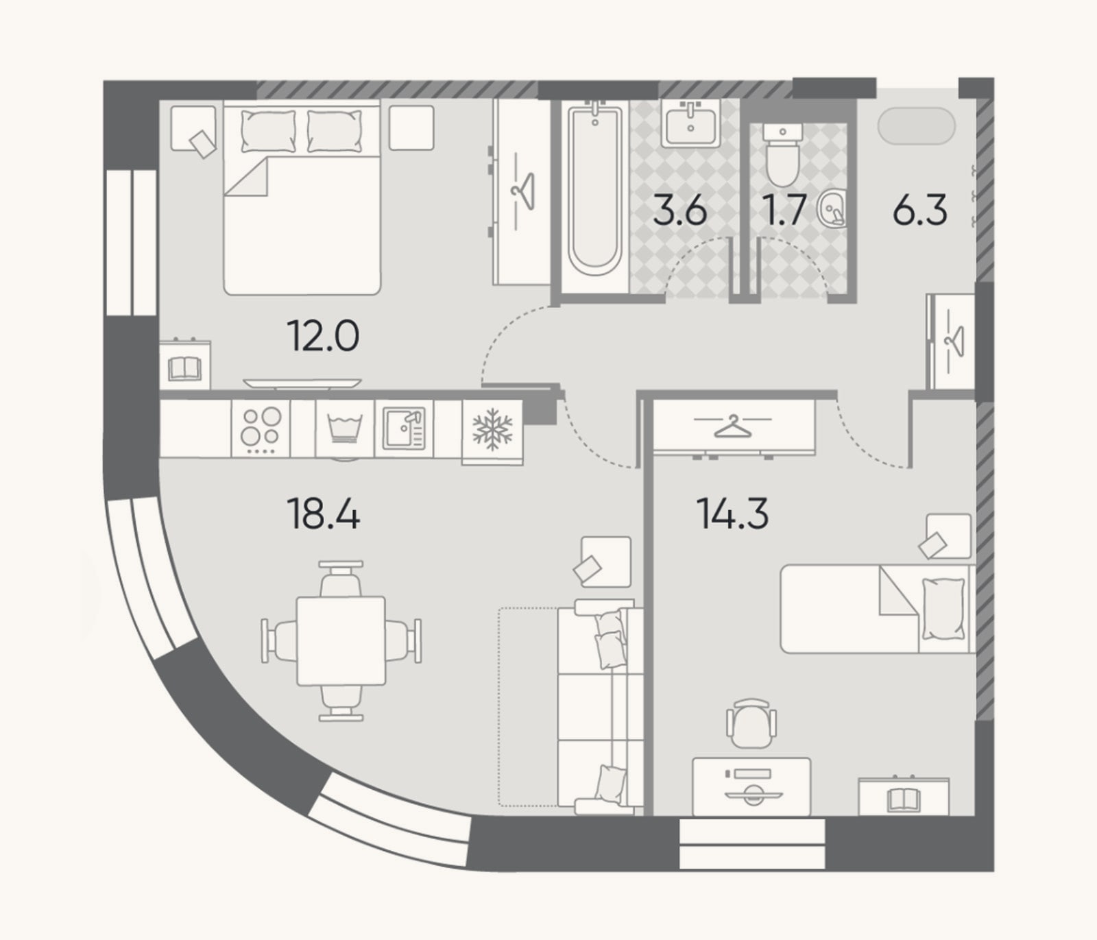 Планировка: 3-к, 56,3 м²