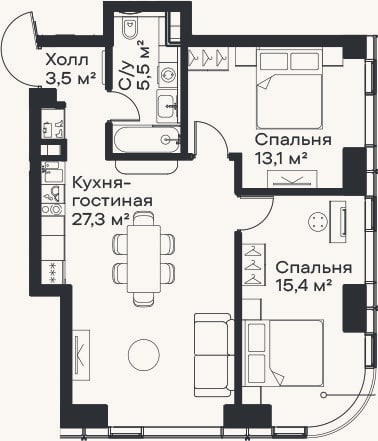 Планировка: 3-к, 64,8 м²
