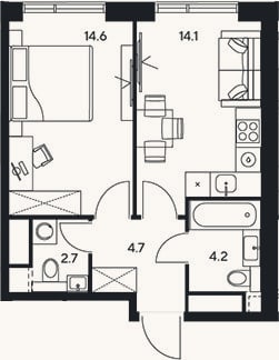 Планировка: 1-к, 40,3 м²