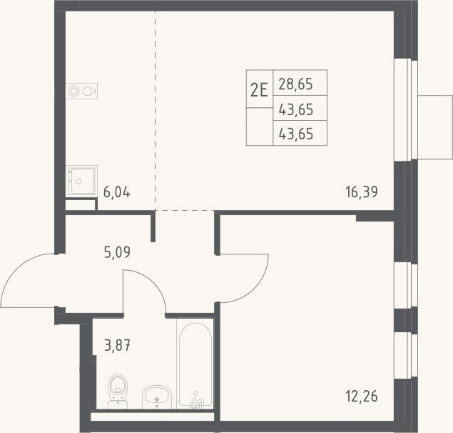 Планировка: 2-к, 43,7 м²