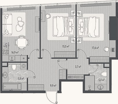 Планировка: 3-к, 74,4 м²