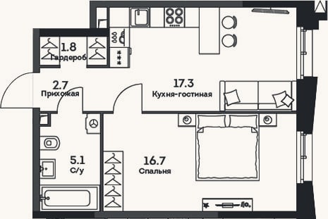Планировка: 2-к, 43,6 м²
