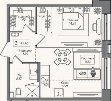 Планировка: 2-к, 45,4 м²