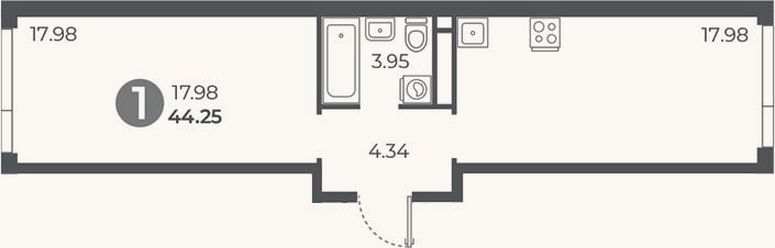 Планировка: 1-к, 44,3 м²