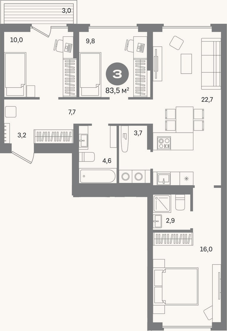 Планировка: 3-к, 80,5 м²