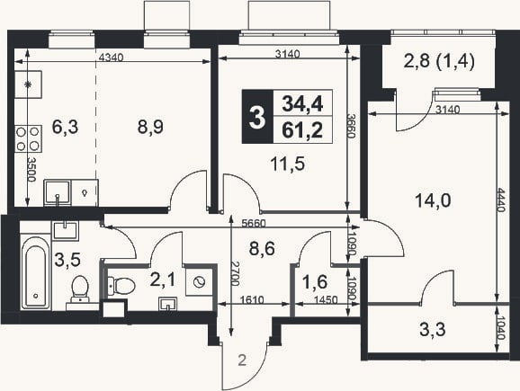 Планировка: 3-к, 59,8 м²