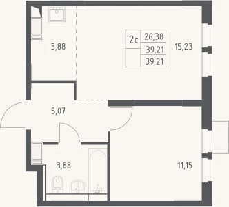 Планировка: 2-к, 39,2 м²