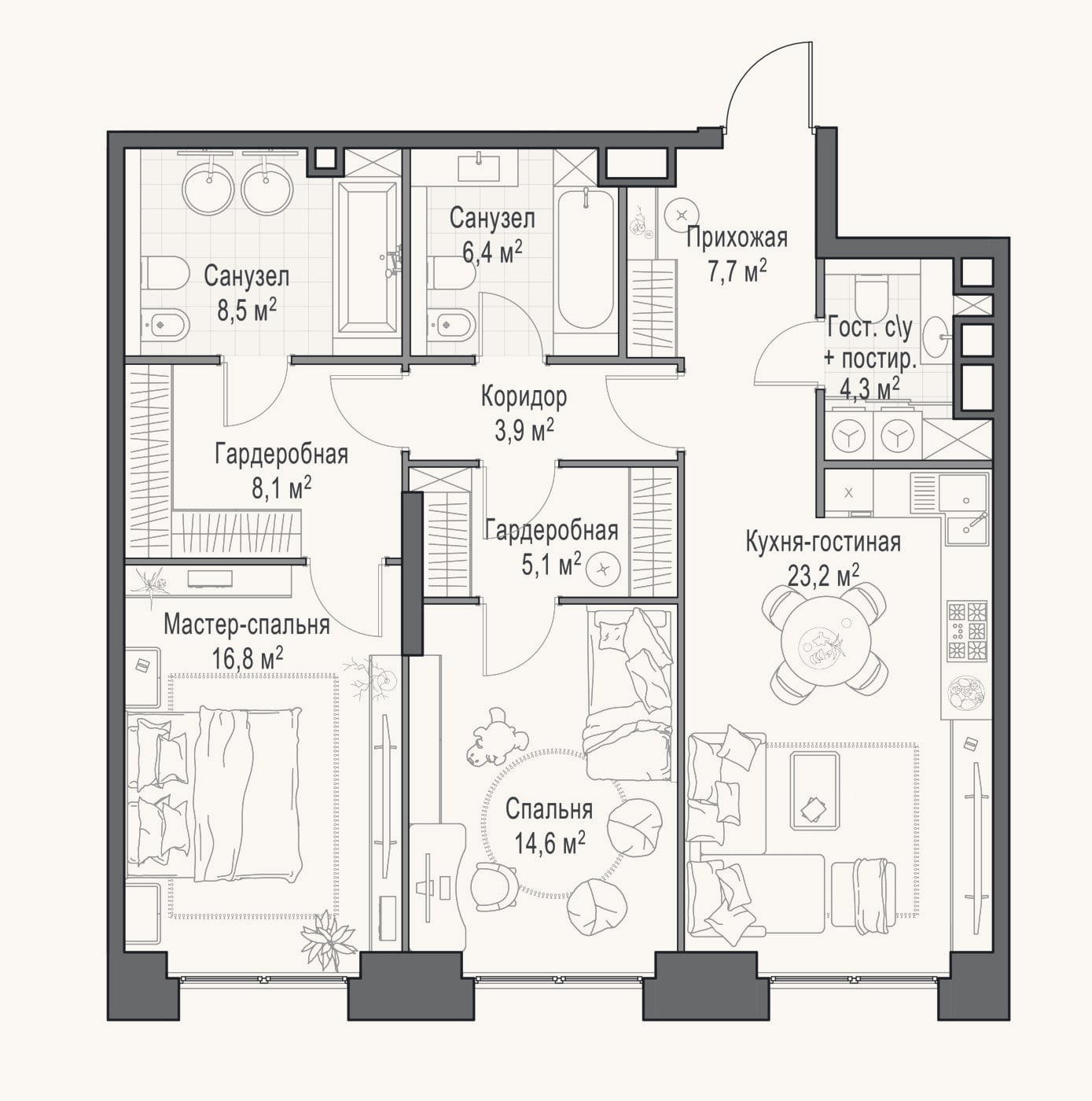 Планировка: 3-к, 98,5 м²