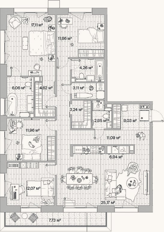 Планировка: 4+ к, 128,3 м²