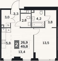Планировка: 2-к, 49,8 м²