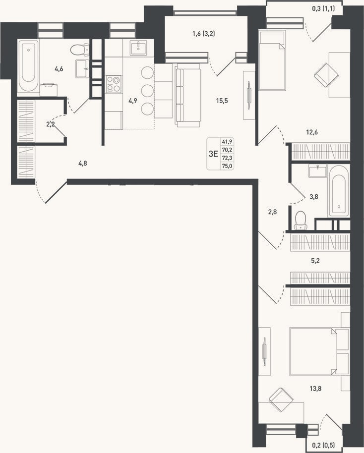 Планировка: 3-к, 73,8 м²