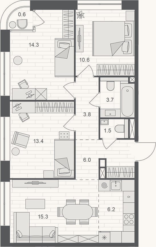 Планировка: 4+ к, 74,8 м²