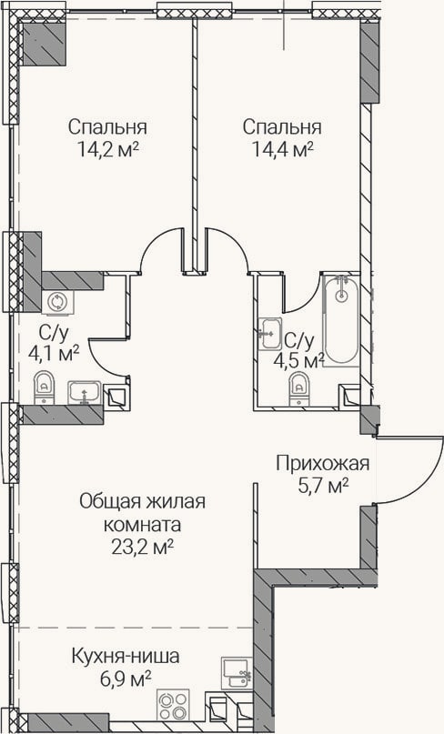 Планировка: 3-к, 73 м²