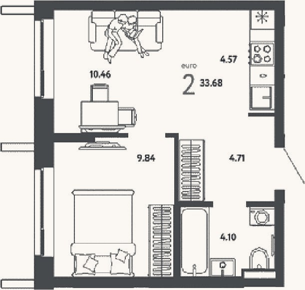 Планировка: 2-к, 33,7 м²