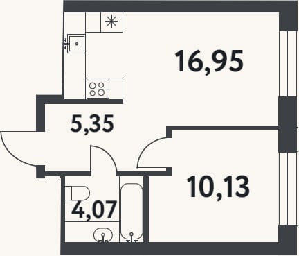 Планировка: 1-к, 36,5 м²