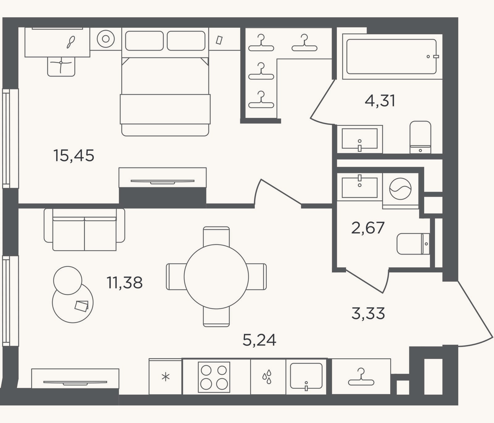 Планировка: 2-к, 42,4 м²